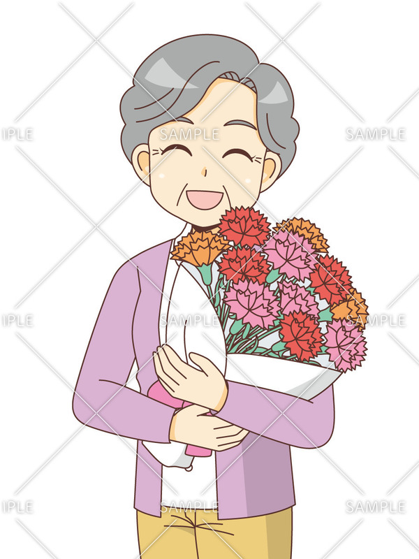 カーネーションの花束を持つ女性高齢者のイラスト