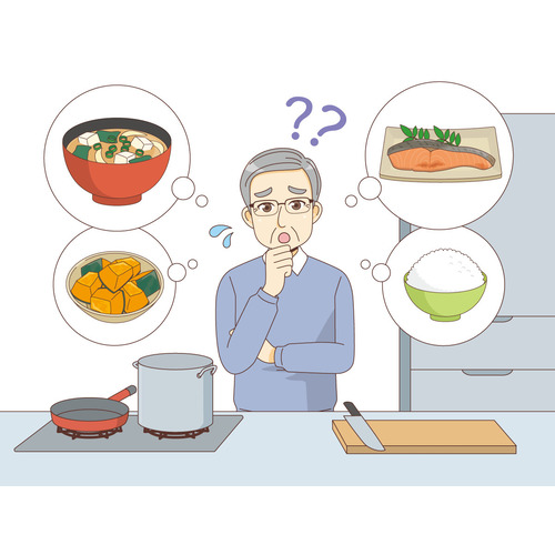 料理に不慣れな男性高齢者（高齢者（おばあさん・おじいさん）/介護現場の人物）のイラスト