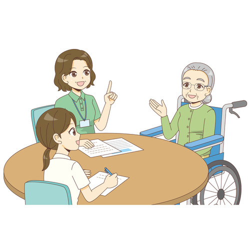 ケアマネジャーと介護職員に相談する女性高齢者（デイサービス・デイケア/施設・サービス）のイラスト