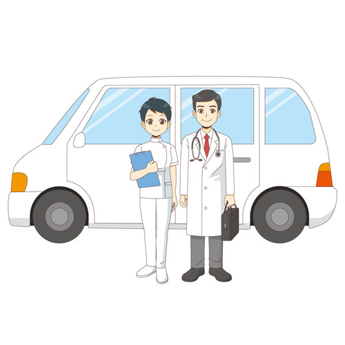 訪問診療へ向かう男性医師と女性看護師（訪問介護・訪問看護/施設・サービス）のイラスト