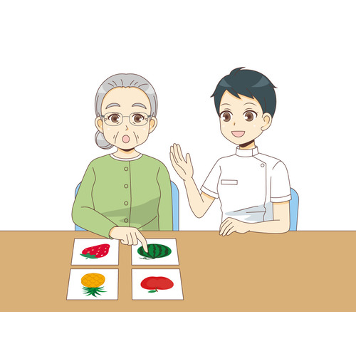 失語症のリハビリテーションを行う女性高齢者（リハビリ/介護・生活）のイラスト