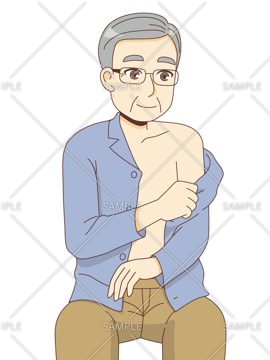 前開きのパジャマを脱ぐ片麻痺（左麻痺）の男性高齢者（歩行介助・入浴介助・おむつ交換/介護・生活）のイラスト