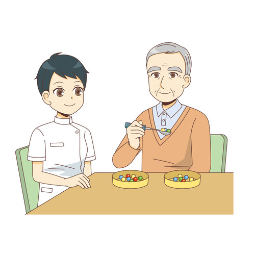 食事動作のリハビリテーションを行う男性高齢者（リハビリ/介護・生活）のイラスト