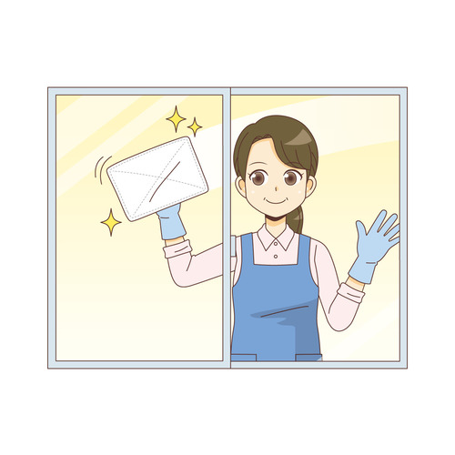 窓ふきをする女性ホームヘルパー（季節・行事/その他一般・装飾）のイラスト
