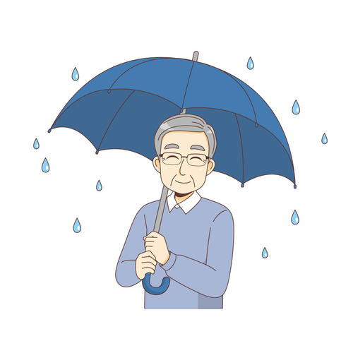 傘をさす男性高齢者（高齢者（おばあさん・おじいさん）/介護現場の人物）のイラスト