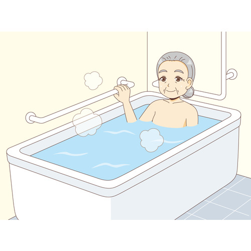 手すりを持ちながら入浴する女性高齢者（杖・歩行器・手すり/福祉用具）のイラスト