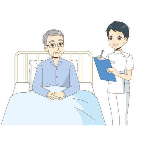 入院中の男性高齢者と女性看護師（病院・入院・退院/医療・病気）のイラスト