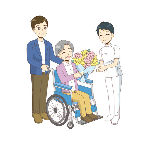 女性看護師から退院祝いの花束を渡される女性高齢者（病院・入院・退院/医療・病気）のイラスト