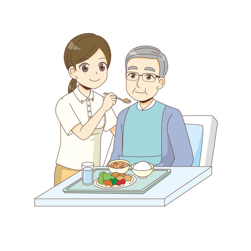 男性高齢者の食事介助を行う女性介護職（食事・食事介助/介護・生活）のイラスト