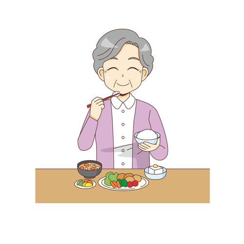 食事をする笑顔の女性高齢者（食事・食事介助/介護・生活）のイラスト