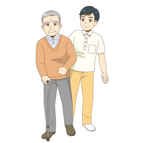 男性高齢者の歩行を見守り介助する男性介護職（歩行介助/介護・生活）のイラスト