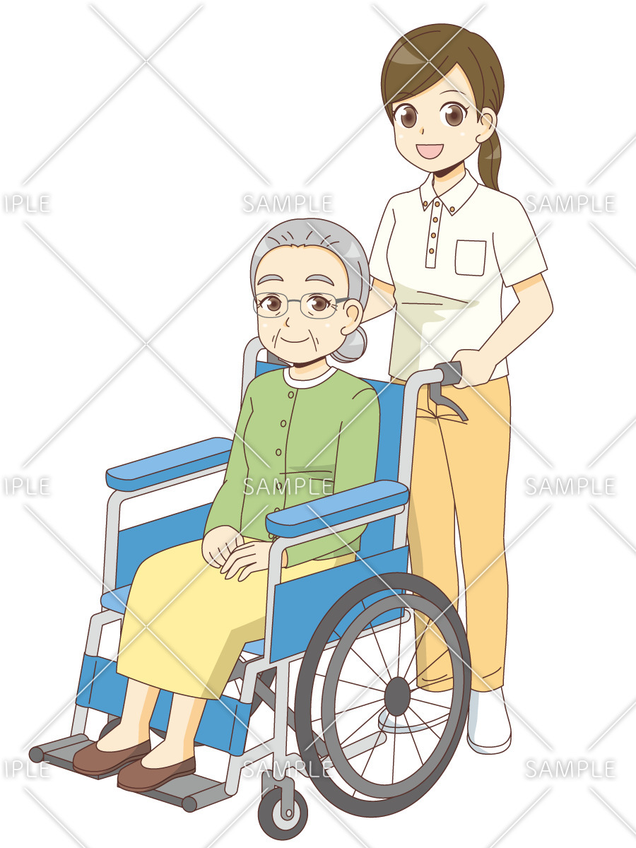車椅子の高齢者を介助する介護職（老人ホーム・介護施設/施設・サービス）のイラスト