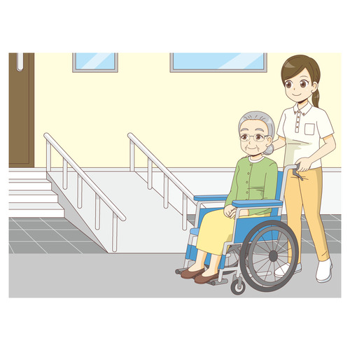 スロープのついた階段と車椅子の高齢者（バリアフリー/福祉用具）のイラスト