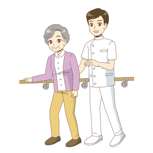 機能訓練指導員と歩行訓練を行う高齢者（リハビリ/介護・生活）のイラスト