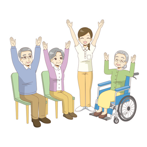 椅子に座ったままできる体操を行う高齢者（運動・椅子体操/介護・生活）のイラスト