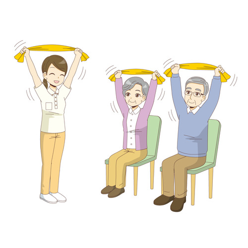 椅子に座ったままできるタオルを使った体操を行う高齢者（運動・椅子体操/介護・生活）のイラスト