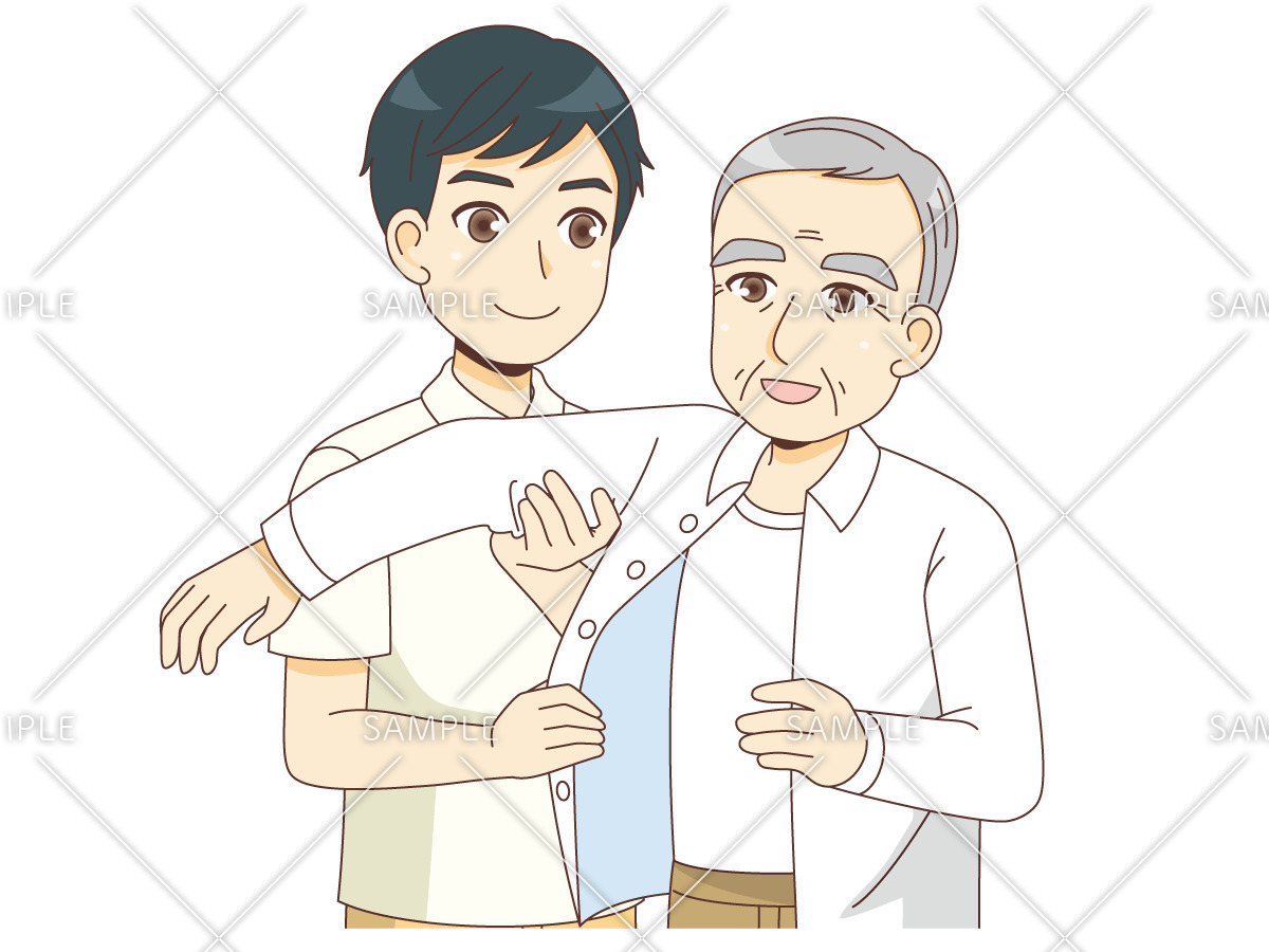 男性高齢者の着替えを手伝う男性介護職（老人ホーム・介護施設/施設・サービス）のイラスト