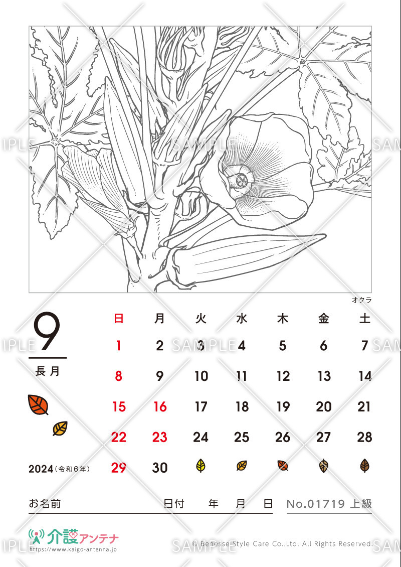 2024年9月の塗り絵カレンダー「オクラ（植物）」 - No.01719(高齢者向けカレンダー作りの介護レク素材)