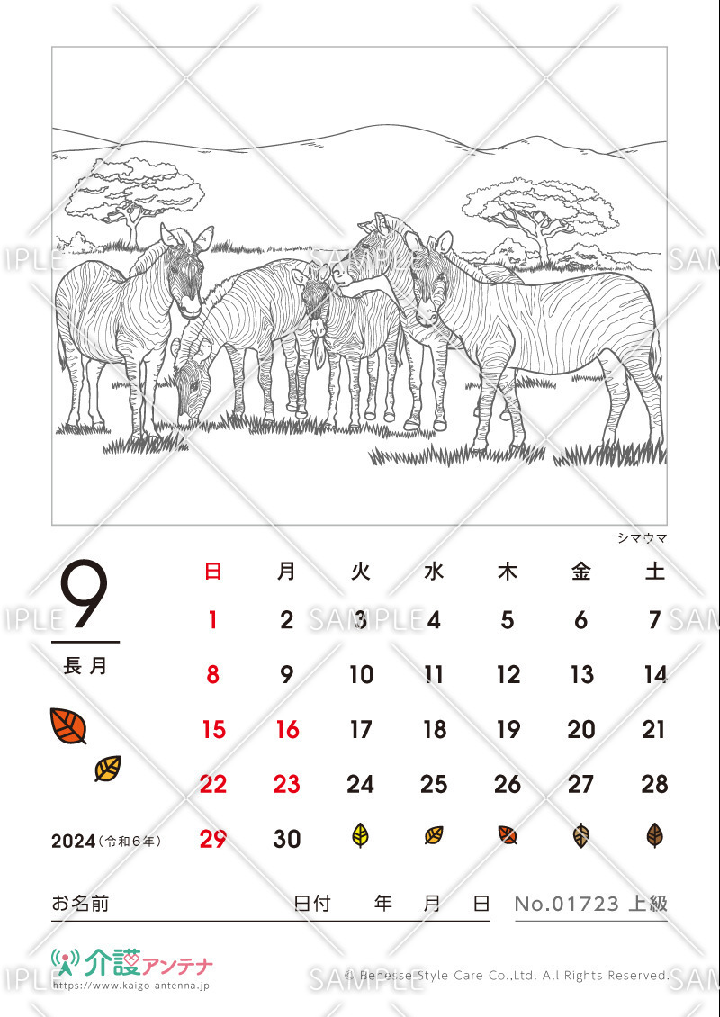 2024年9月の塗り絵カレンダー「シマウマ（動物）」 - No.01723(高齢者向けカレンダー作りの介護レク素材)