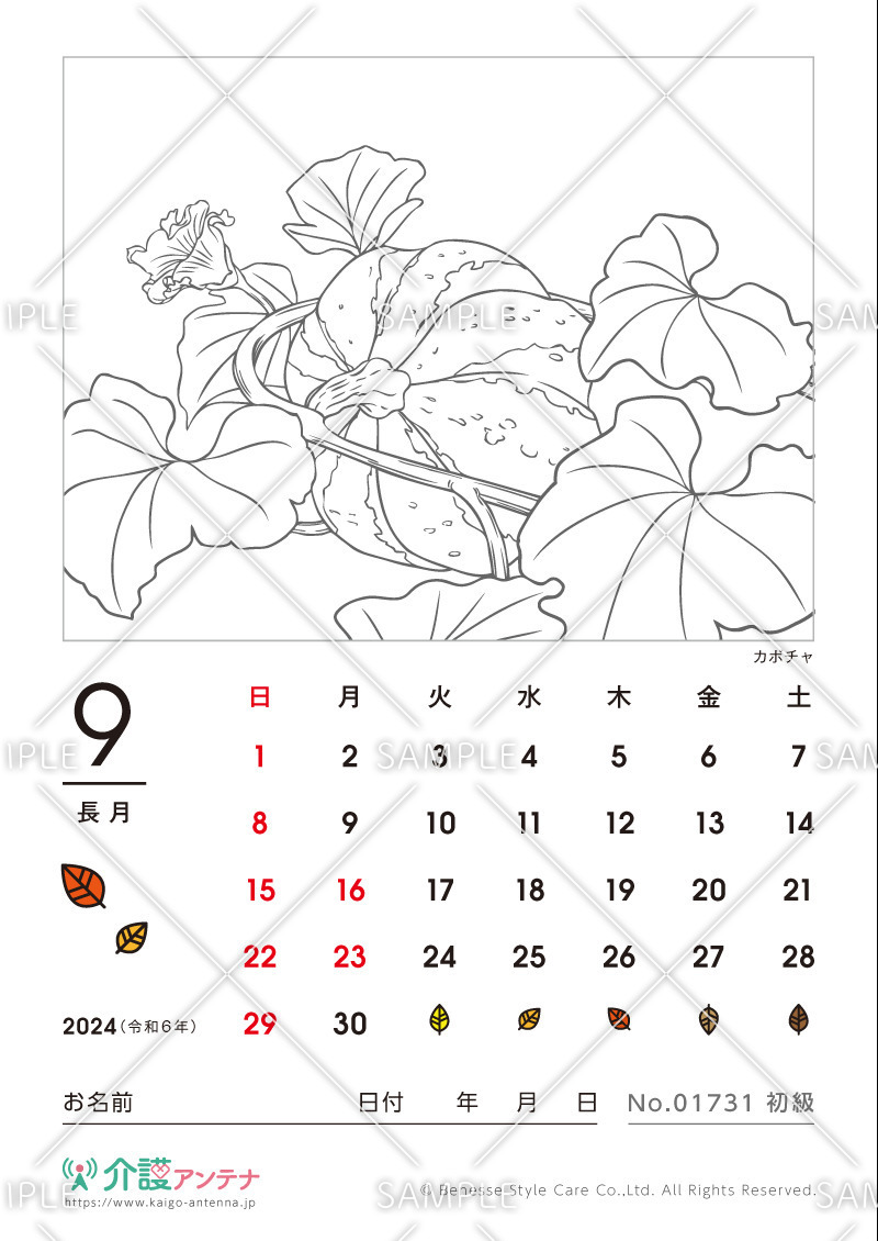 2024年9月の塗り絵カレンダー「カボチャ（植物）」 - No.01731(高齢者向けカレンダー作りの介護レク素材)