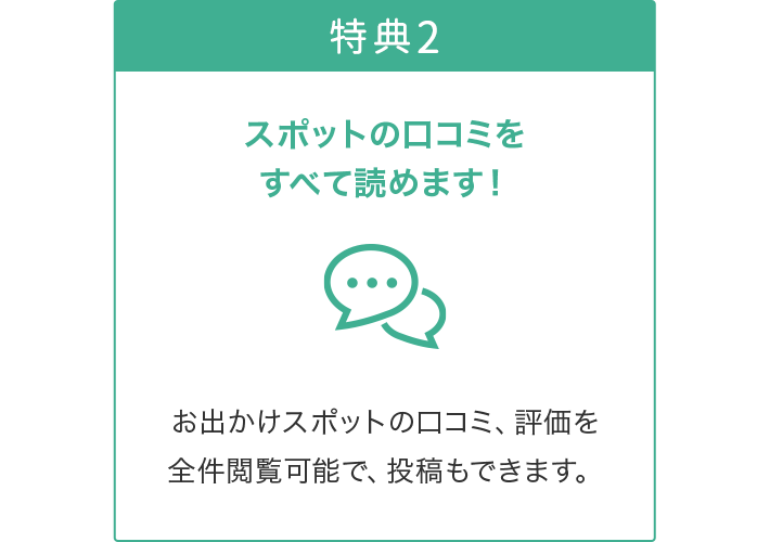 特典2スポットの口コミを全て読めますお出かけスポットの口コミ、評価を全件閲覧可能で、投稿もできます。