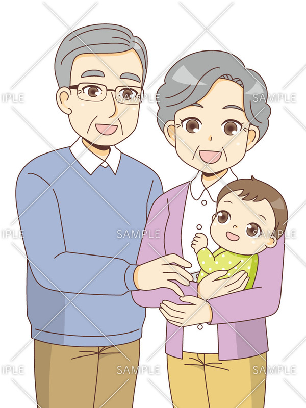 孫を抱く高齢者夫婦（高齢者/介護現場の人物）のイラスト