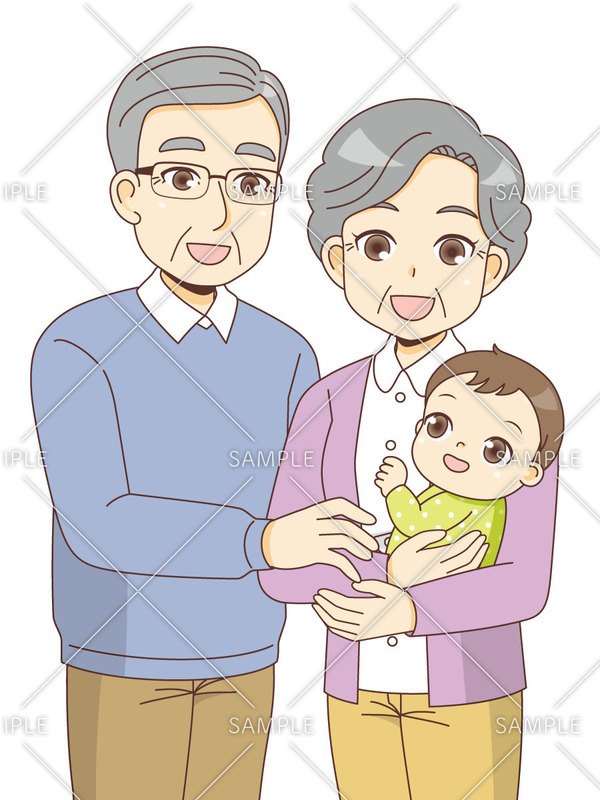 孫を抱く高齢者夫婦（高齢者/介護現場の人物）のイラスト