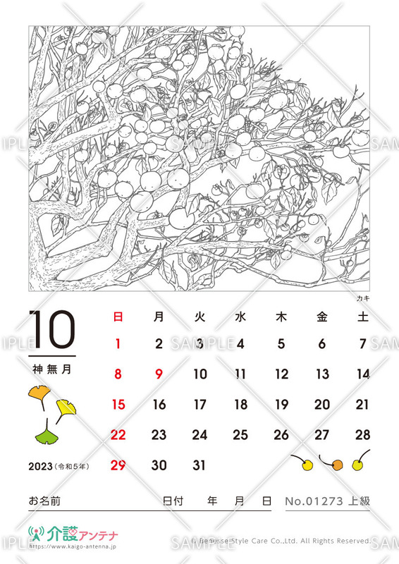 2023年10月の塗り絵カレンダー「カキ（植物）」