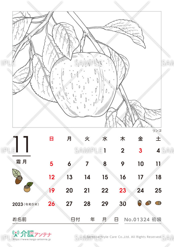 2023年11月の塗り絵カレンダー「リンゴ（植物）」 - No.01317