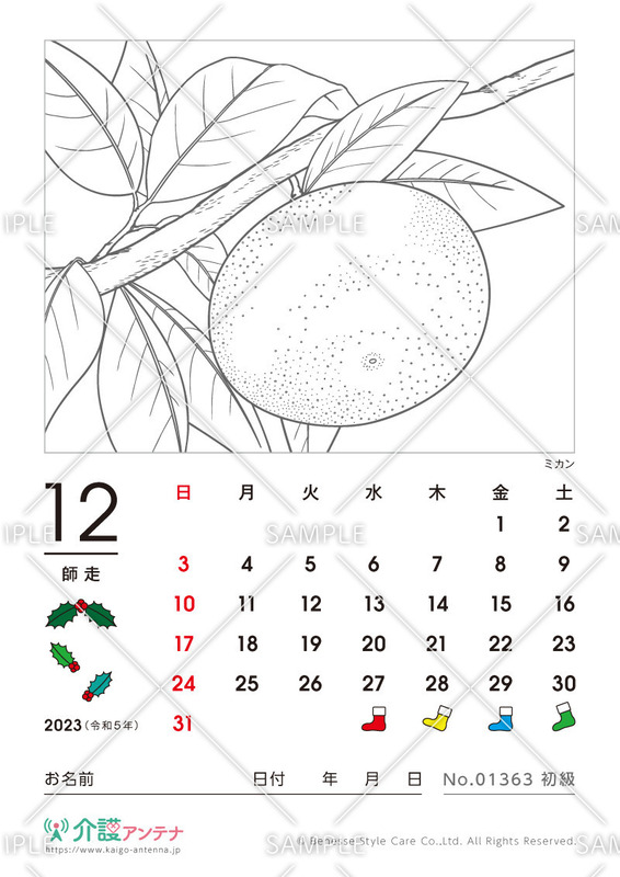 2023年12月の塗り絵カレンダー「ミカン（植物）」 - No.01363