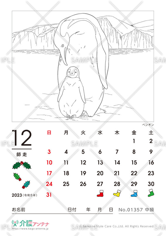 2023年12月の塗り絵カレンダー「ペンギン（鳥・動物）」 - No.01357