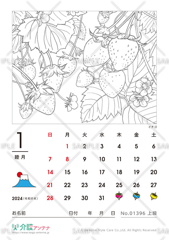 2024年1月の塗り絵カレンダー「イチゴ（植物）」