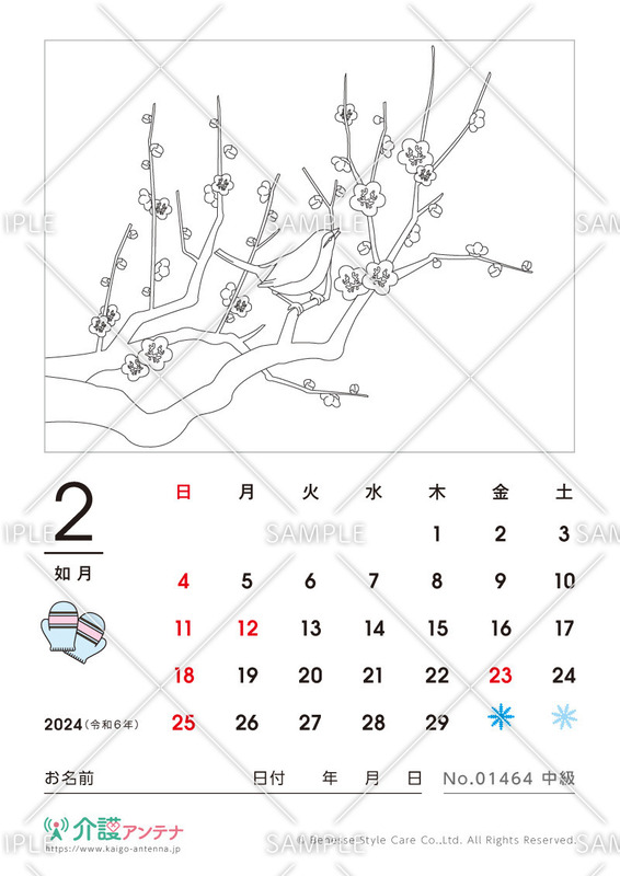 2024年2月の塗り絵カレンダー「梅にウグイス」 
