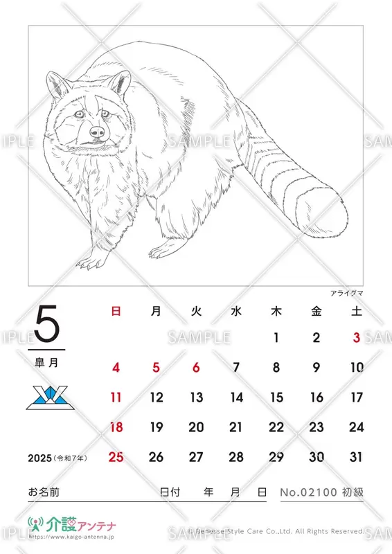 2025年5月の塗り絵カレンダー「アライグマ（動物）」 - No.02100