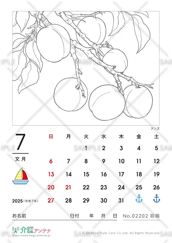 2025年7月の塗り絵カレンダー「アンズ（植物）」 - No.02202