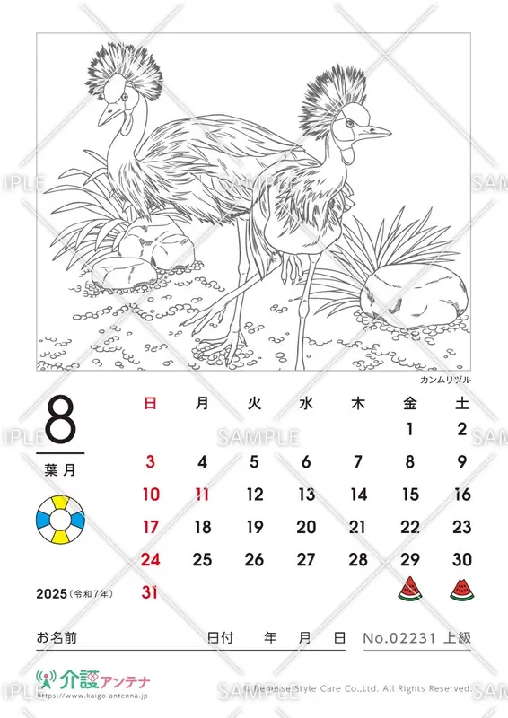 2025年8月の塗り絵カレンダー「カンムリヅル（鳥・動物）」 - No.02231