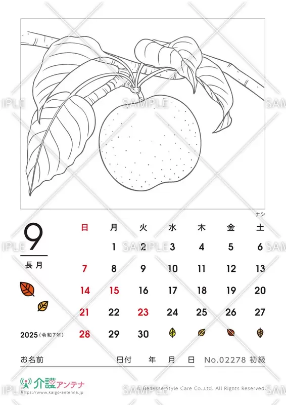 2025年9月の塗り絵カレンダー「ナシ（植物）」 - No.02278