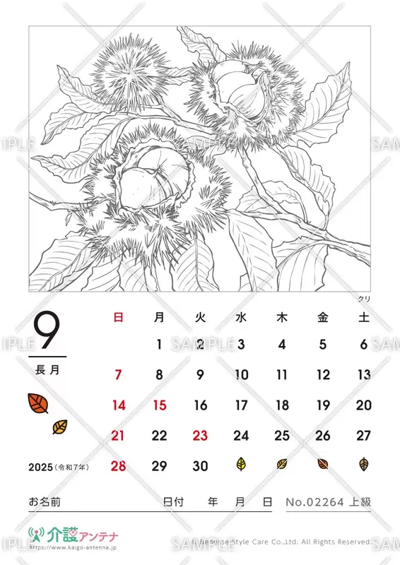 2025年9月の塗り絵カレンダー「クリ（植物）」 - No.02264