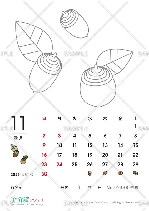 2025年11月の塗り絵カレンダー「どんぐり」 - No.02438