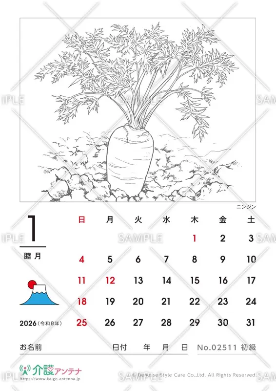 2026年1月の塗り絵カレンダー「ニンジン（植物）」 - No.02511