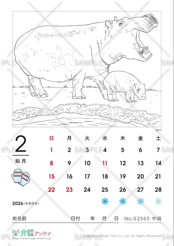 2026年2月の塗り絵カレンダー「カバ（動物）」