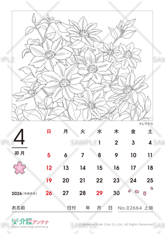 2026年4月の塗り絵カレンダー「クレマチス」
