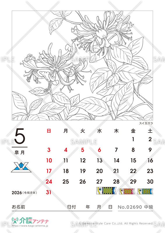 2026年5月の塗り絵カレンダー「スイカズラ」