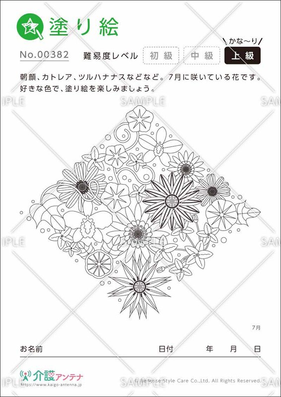 大人の塗り絵「7月の花」 - No.00382