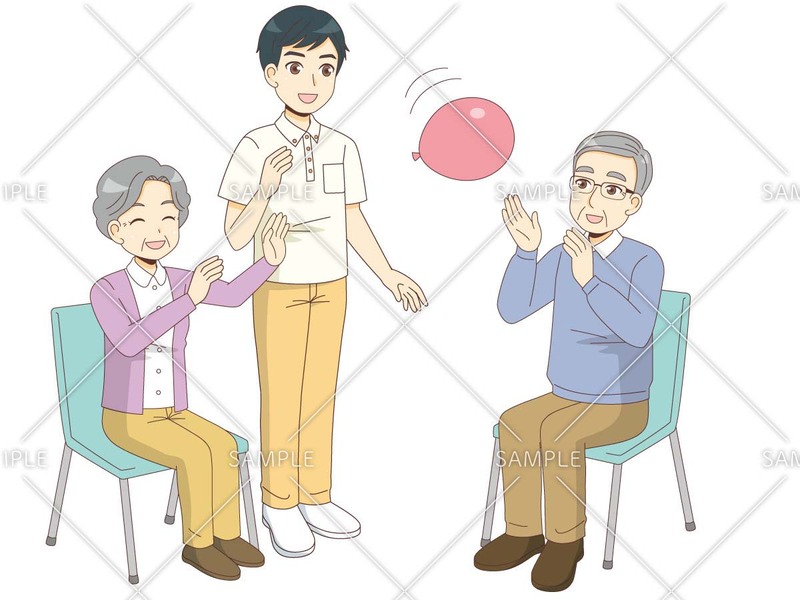 風船を使った高齢者向けレクリエーションを行う高齢者と作業療法士（OT）のイラスト