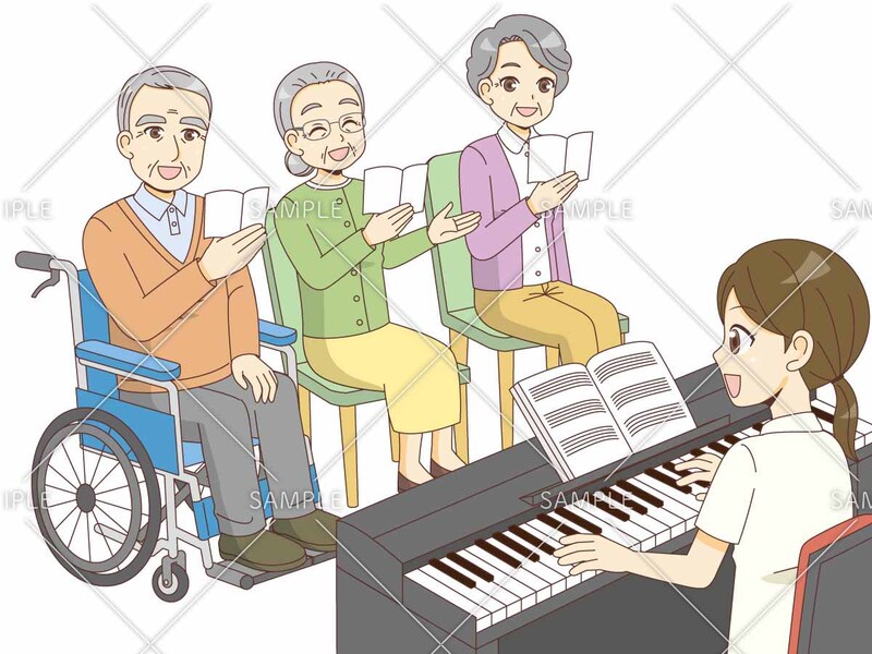 歌のレクリエーションを行う高齢者と作業療法士（OT）のイラスト