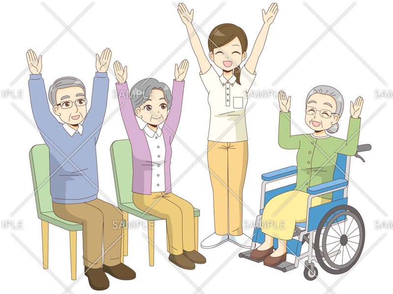 椅子に座ったままできる体操を行う高齢者と理学療法士（PT）のイラスト