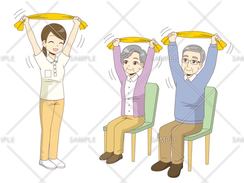 椅子に座ったままできるタオルを使った体操を行う高齢者と理学療法士（PT）のイラスト