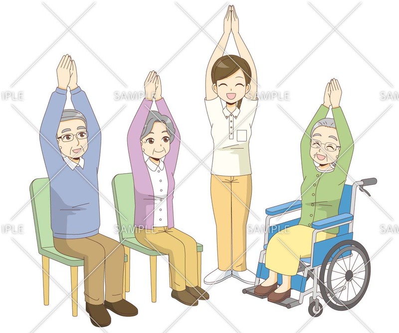 介護施設での椅子に座ったまま行うシニアヨガを行う高齢者と理学療法士（PT）のイラスト