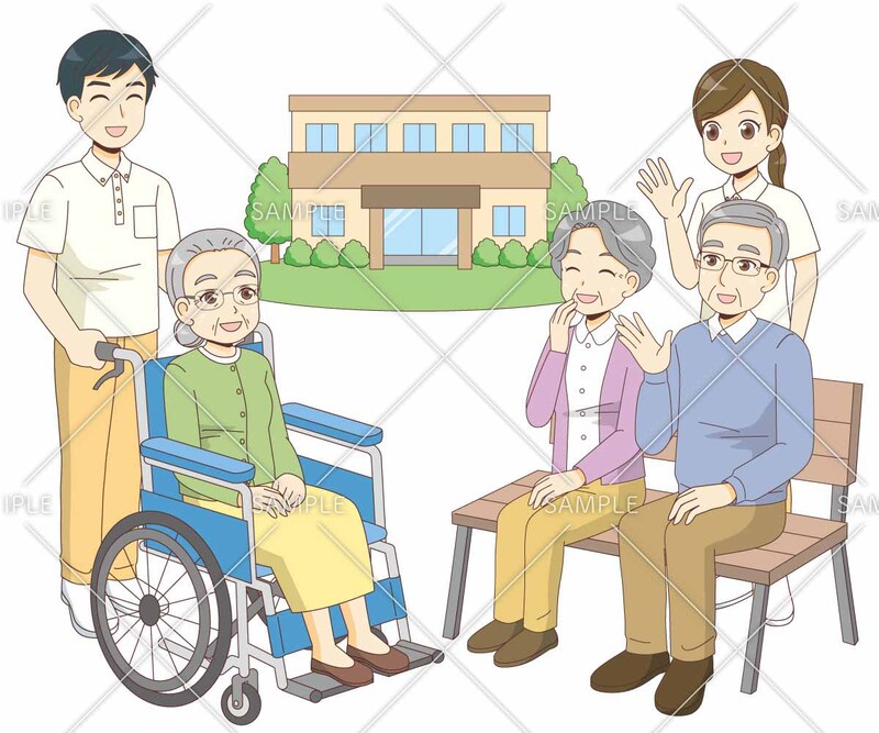 介護施設前の団らんする高齢者と介護職のイラスト